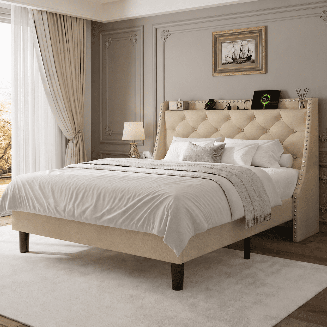 Virans Full Bed Frame with 16" Deluxe Wingback & Charging Station, Upholstered Platform Bed with Button Tufted Storage Headboard,Beige