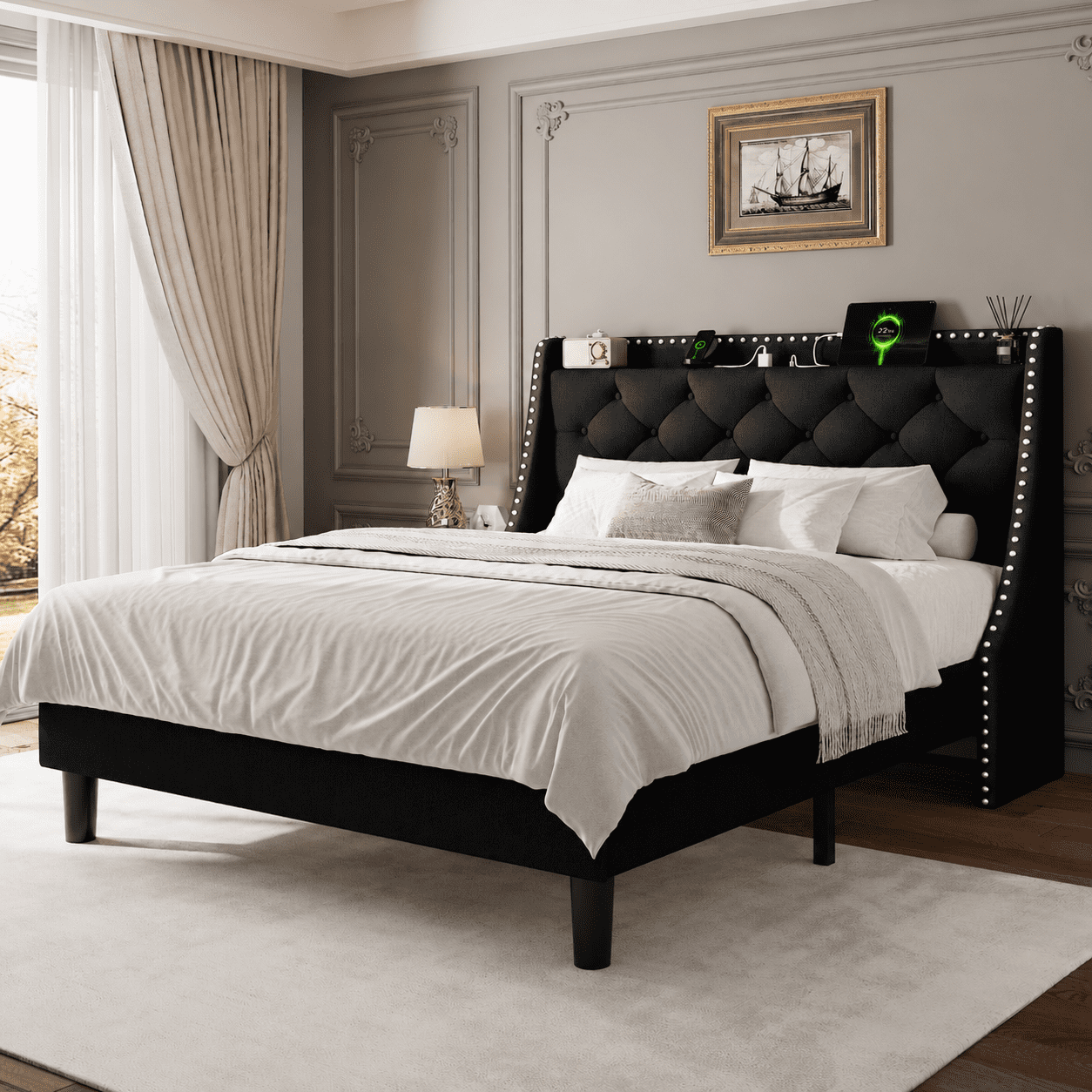 Virans Full Bed Frame with 16" Deluxe Wingback & Charging Station, Upholstered Platform Bed with Button Tufted Storage Headboard,Black