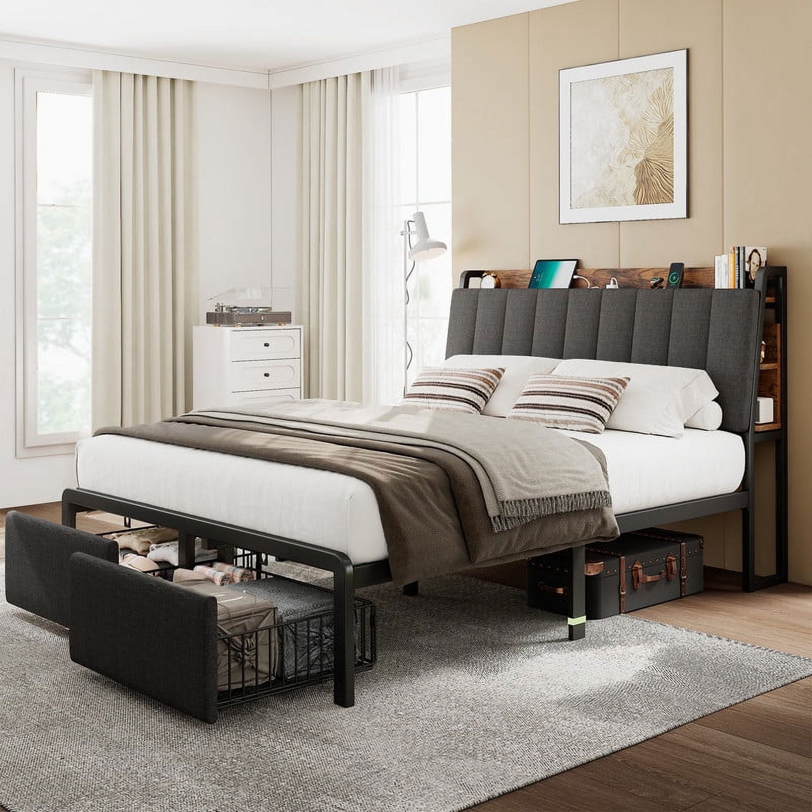 Virans Full Bed Frame with Hidden Storage Shelf, Ergonomic Upholstered ...