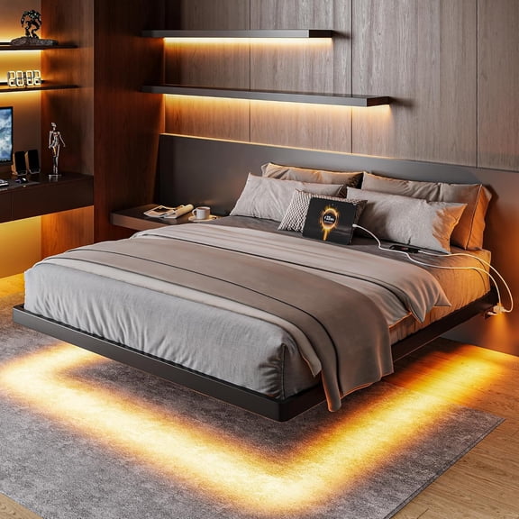 Einhomn Full Size Metal Floating Bed Frame with Charging Station & LED Lights, Heavy Duty Steel Slats Supports, No Box Spring Needed