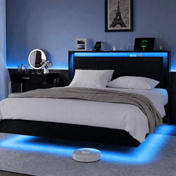 Virans Full Size Floating Bed Frame with LED Lights & Charging Station, Platform Bed with Storage Headboard, No Box Spring Needed, Black