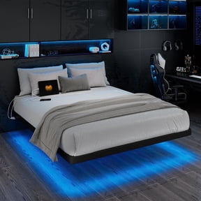 Virans Full Size Floating Bed Frame with Rgb LED Lights and Charging Station, Heavy Duty Metal Platform Beds, No Box Spring Needed, Black