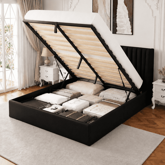 Virans Full Size Black Upholstered Platform Bed Frame, Hydraulic Lift-Up Storage, Linen Wingback Headboard, No Box Spring Needed