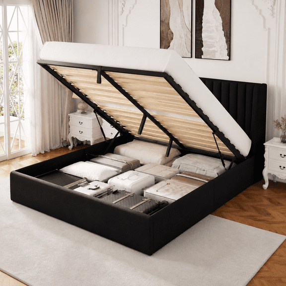 Einhomn Full Size Lift Up Storage Bed With Wingback Headboard, Upholstered Platform Bed Frame with Hydraulic Storage, Linen Fabric, No Box Spring Needed,Black