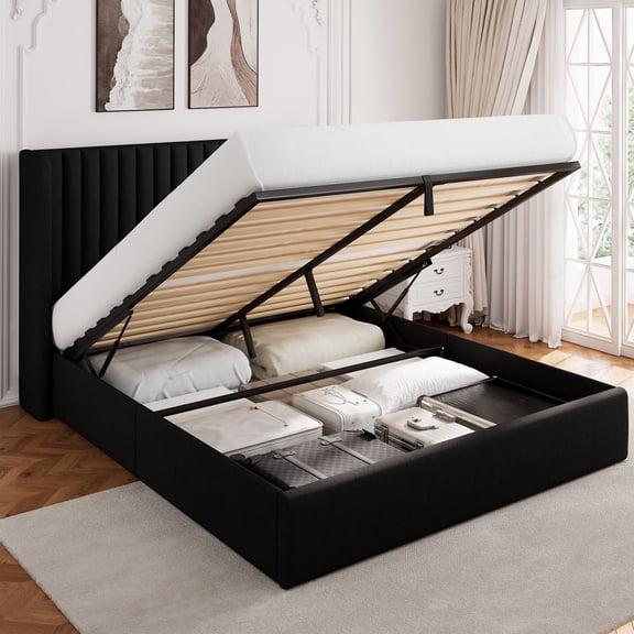 Einhomn Full Size Lift Up Storage Bed With Wingback Headboard, Upholstered Platform Bed Frame with Hydraulic Storage, Linen Fabric, No Box Spring Needed,Black