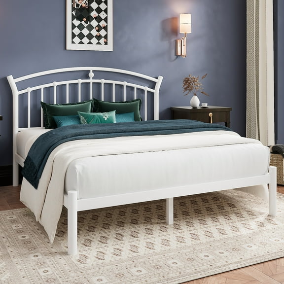 Virans Full Size Metal Platform Bed with Victorian Style Headboard, Heavy Duty Steel Slat Support, 12"Under Bed Storage,Easy Assembly, White