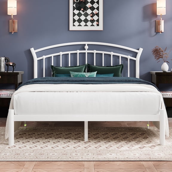 Virans Full Size Metal Platform Bed with Victorian Style Headboard, Heavy Duty Steel Slat Support, 12"Under Bed Storage,Easy Assembly, White