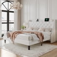 thumbnail image 1 of Virans King Bed Frame with 16" Deluxe Wingback & Charging Station, Upholstered Platform Bed with Button Tufted Storage Headboard,White, 1 of 9