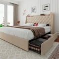 thumbnail image 1 of Virans King Bed Frame with 4 Storage Drawers, Upholstered Platform Bed Frame with Type-C & USB Ports, Wingback Storage Headboard,Beige, 1 of 8