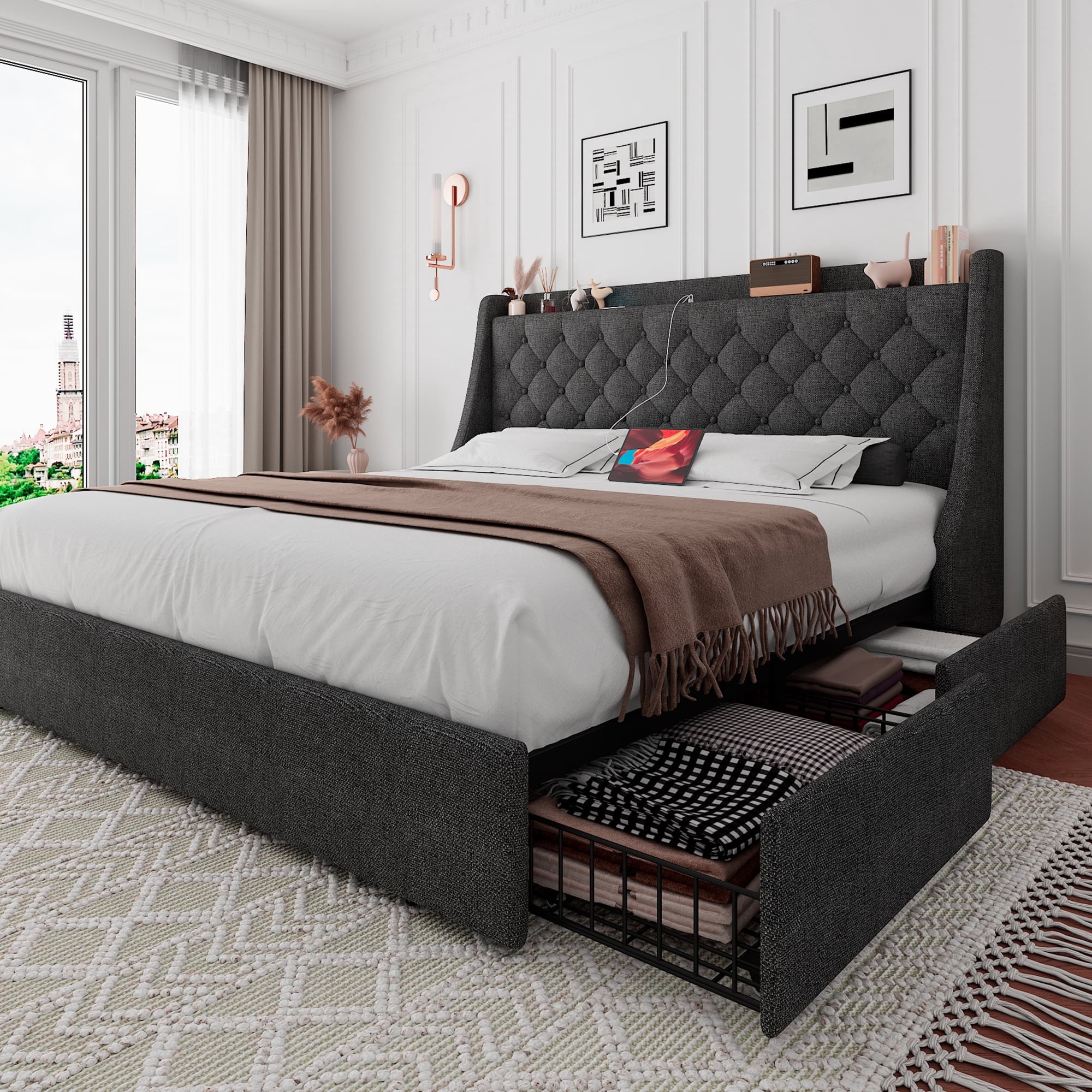 Virans King Bed Frame with 4 Storage Drawers, Upholstered Platform Bed Frame with Type-C & USB Ports, Wingback Storage Headboard, Dark Gray