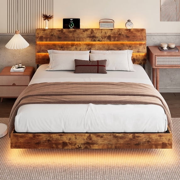 Einhomn Floating Bed Frame King Size with Storage Headboard, LED Lights and Charging Station, No Box Spring Needed