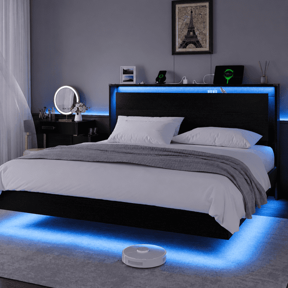 Virans King Size Floating Bed Frame with LED Lights & Charging Station, Platform Bed with Storage Headboard, No Box Spring Needed, Black