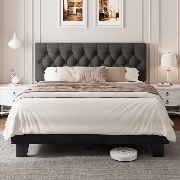 Virans Full Size Bed Frame with Tufted Button Linen Headboard, Upholstered  Platform Bed Frame, No Box Spring Needed, Dark Gray
