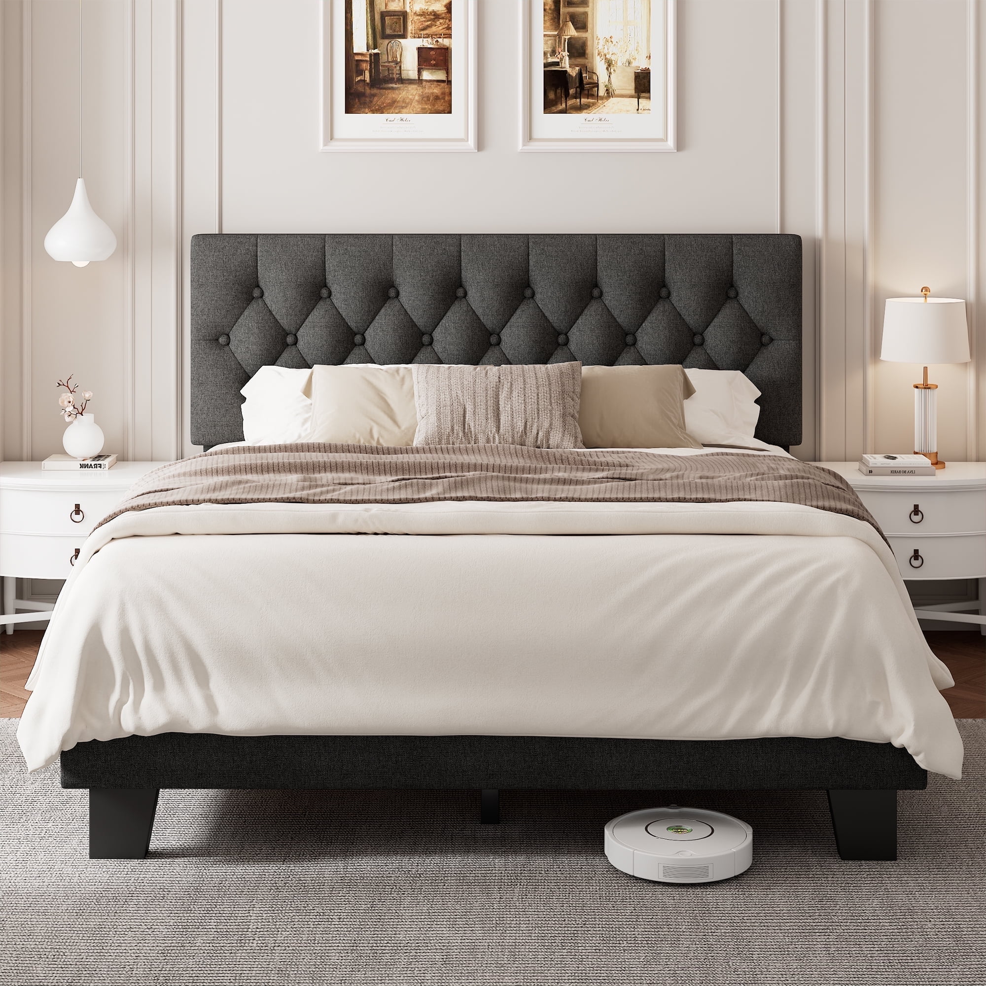 Virans Linen Full Size Platform Bed Frame with Tufted Button Headboard,Upholstered Bed with Wood Slat Support,No Box Spring,Noise Free,Easy Assembly,Dark Gray