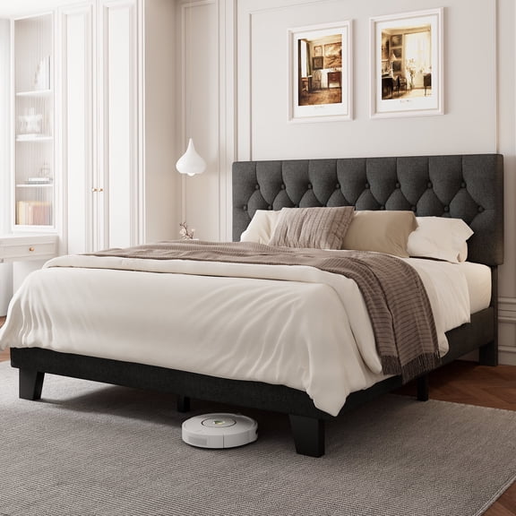 Virans Full Size Bed Frame with Tufted Button Linen Headboard, Upholstered Platform Bed Frame, No Box Spring Needed, Dark Gray