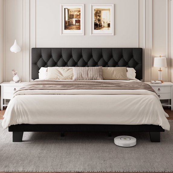 Virans Linen King Size Platform Bed Frame with Tufted Button Headboard,Upholstered Bed with Wood Slat Support,No Box Spring,Noise Free,Easy Assembly,Black