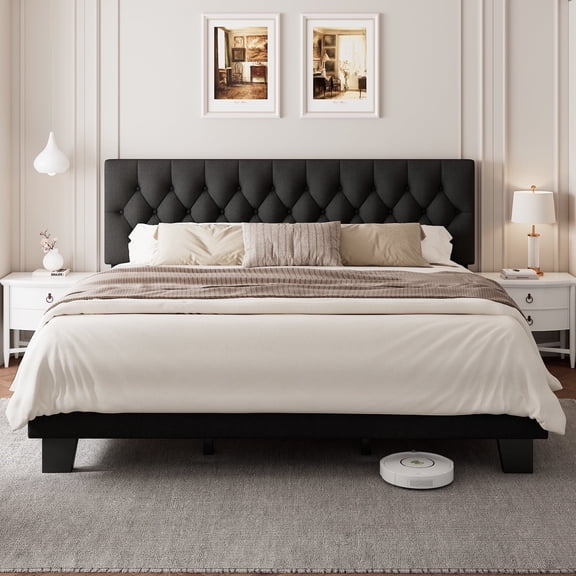 Virans King Size Bed Frame with Tufted Button Linen Headboard, Upholstered  Platform Bed Frame, No Box Spring Needed, Black
