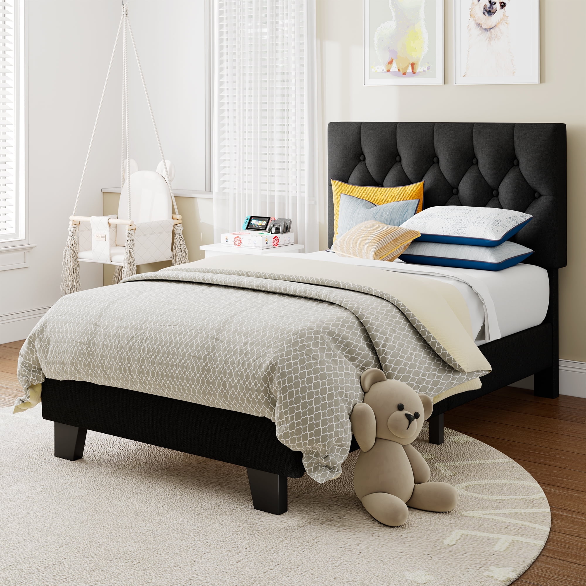Virans Linen Twin Size Platform Bed Frame with Tufted Button Headboard,Upholstered Bed with Wood Slat Support,No Box Spring,Noise Free,Easy Assembly,Black