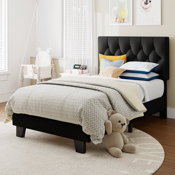 Virans Linen Twin Size Platform Bed Frame with Tufted Button Headboard,Upholstered Bed with Wood Slat Support,No Box Spring,Noise Free,Easy Assembly,Black