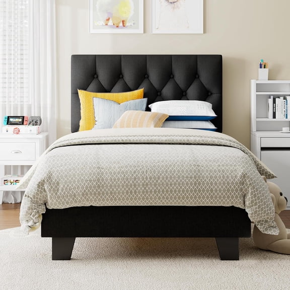 Virans Twin Size Bed Frame with Tufted Button Linen Headboard, Upholstered  Platform Bed Frame, No Box Spring Needed, Black