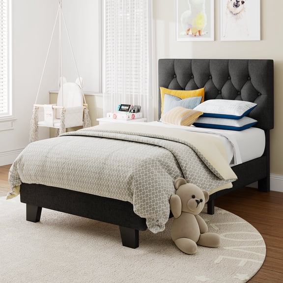 Virans Linen Twin Size Platform Bed Frame with Tufted Button Headboard,Upholstered Bed with Wood Slat Support,No Box Spring,Noise Free,Easy Assembly,Dark Gray
