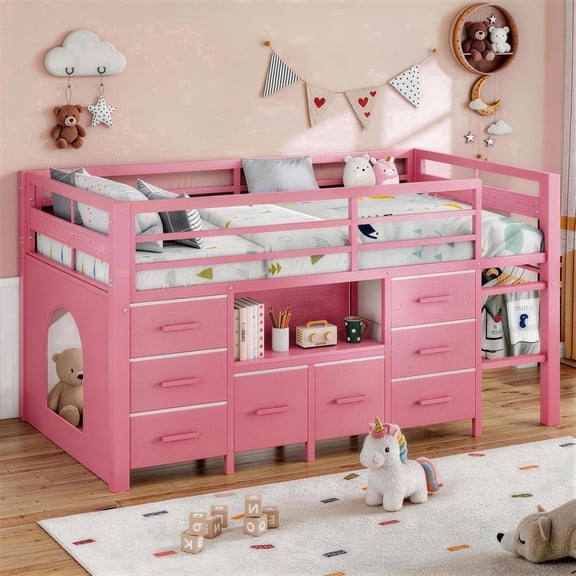 Einhomn Twin Size Metal Low Loft Bed with 8 Storage Drawers, Bookcase & Safety Guardrail, Under-Bed Play Space & Play Curtain, Pink