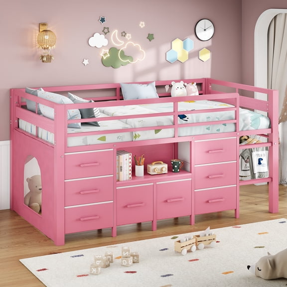 Einhomn Twin Size Metal Low Loft Bed with 8 Storage Drawers, Bookcase & Safety Guardrail, Under-Bed Play Space & Play Curtain, Pink