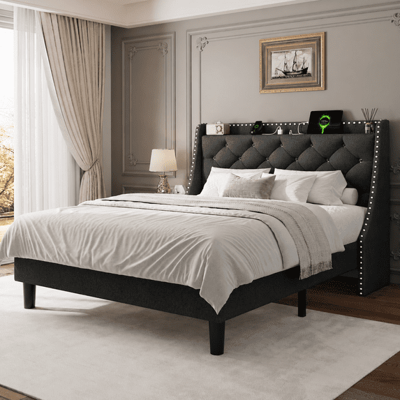 Virans Queen Bed Frame with 16" Deluxe Wingback & Charging Station, Upholstered Platform Bed with Button Tufted Storage Headboard, Dark Grey