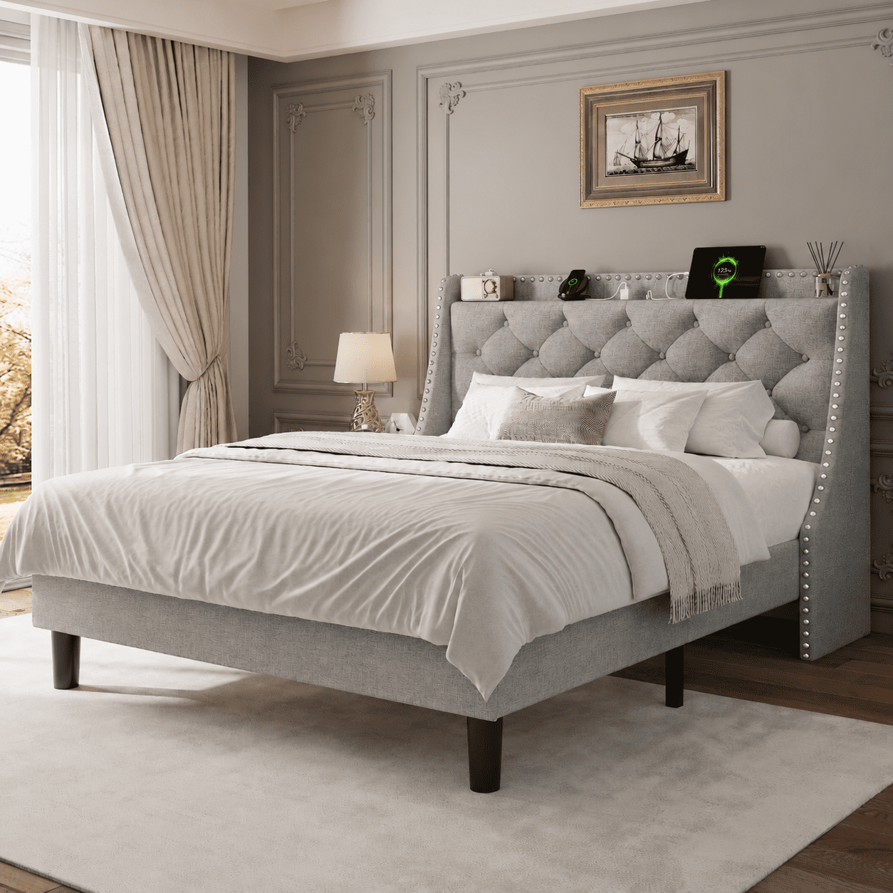 Virans Queen Bed Frame with 16" Deluxe Wingback & Charging Station, Upholstered Platform Bed with Button Tufted Storage Headboard,Light Gray