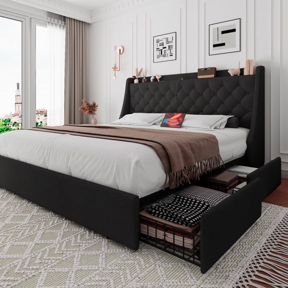 Virans Queen Bed Frame with 4 Storage Drawers & Charging Station, Upholstered Platform Bed Frame with Wingback Storage Headboard,No Box Spring,Black