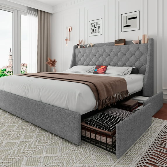 Virans Queen Bed Frame with 4 Storage Drawers, Upholstered Platform Bed Frame with Type-C & USB Ports, Wingback Storage Headboard,Light Gray