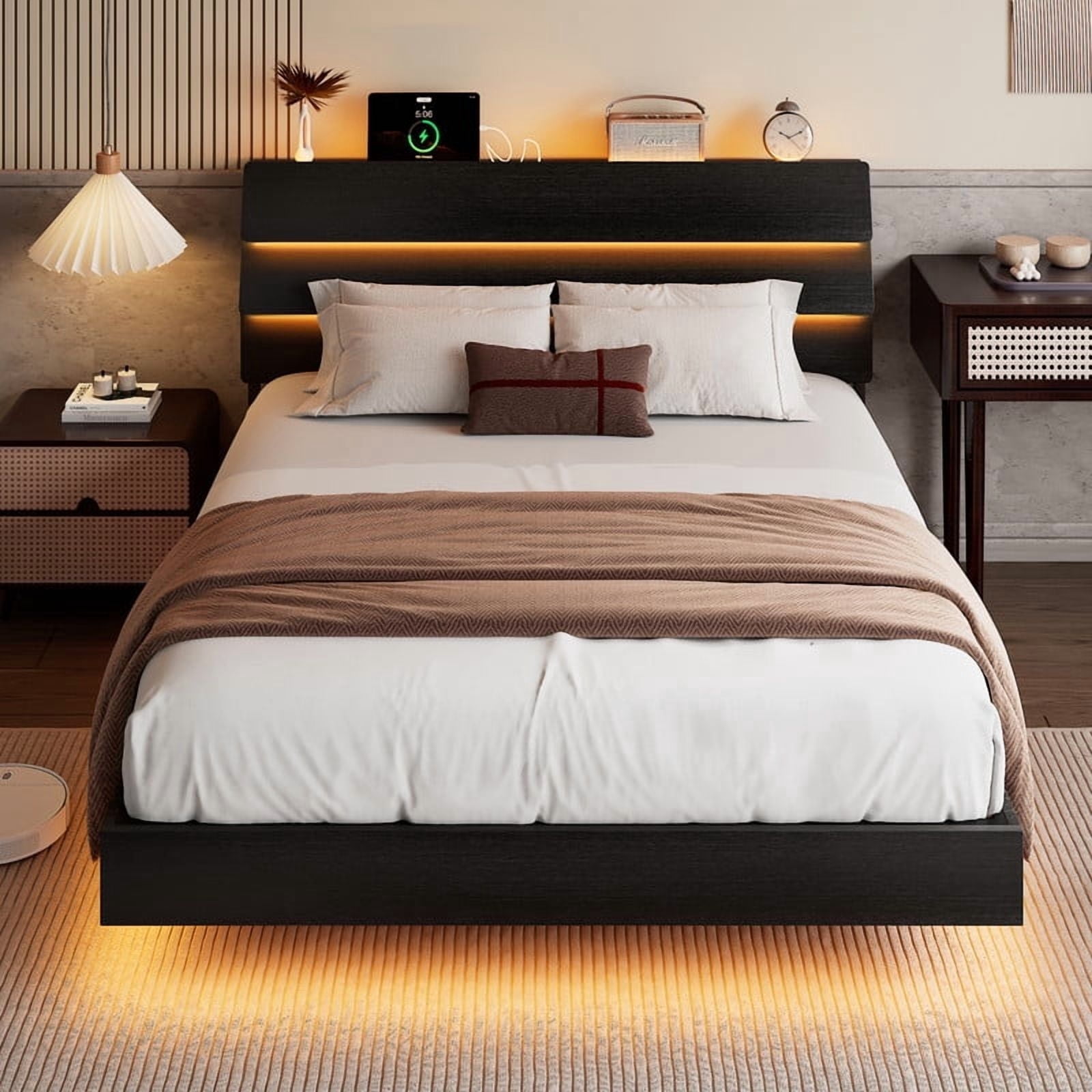 Einhomn Floating Bed Frame Queen Size with Storage Headboard, LED Lights and Charging Station, No Box Spring Needed