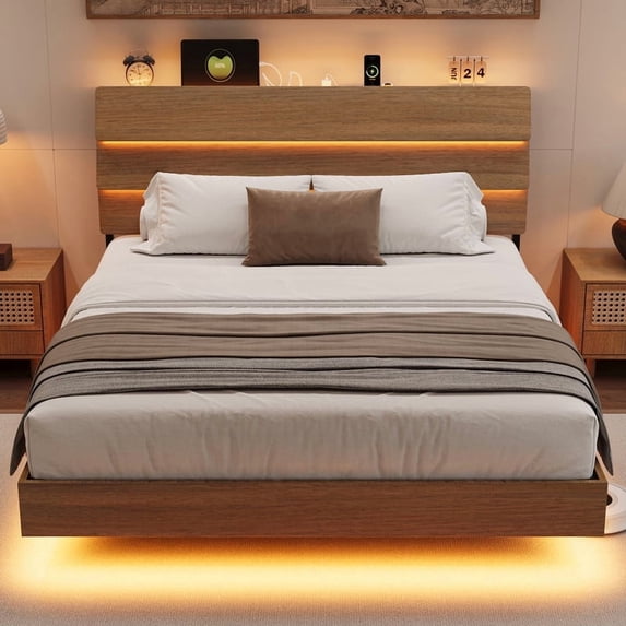 Einhomn Floating Bed Frame Queen Size with Storage Headboard, LED Lights and Charging Station, No Box Spring Needed