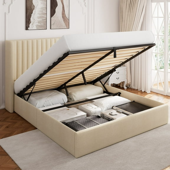 Einhomn Queen Size Lift Up Storage Bed With Wingback Headboard, Upholstered Platform Bed Frame with Hydraulic Storage, Linen Fabric, No Box Spring Needed,Beige