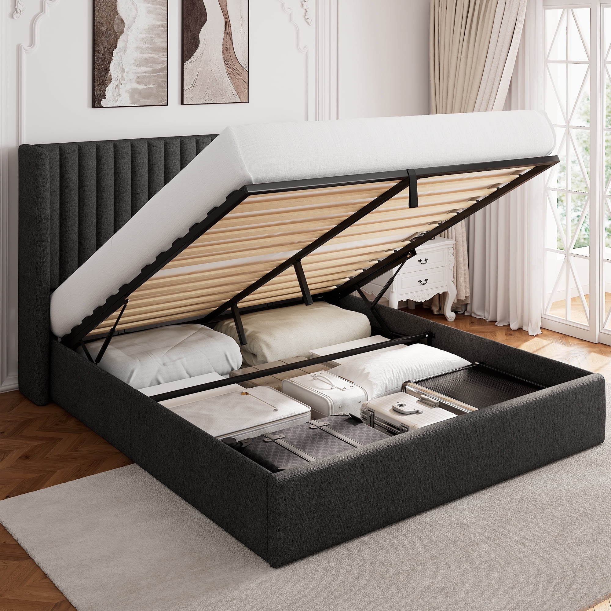 Einhomn Queen Size Lift Up Storage Bed With Wingback Headboard, Upholstered Platform Bed Frame with Hydraulic Storage, Linen Fabric, No Box Spring Needed,Dark Gray