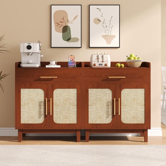Einhomn Set of 2 Rattan Sideboard Buffet Cabinet with Charging Station, Drawe & Adjustable Shelf
