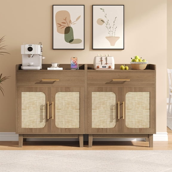 Einhomn Set of 2 Rattan Sideboard Buffet Cabinet with Charging Station, Drawe & Adjustable Shelf