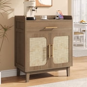 Einhomn 2-Door Buffet Cabinet, Boho Rattan Coffee Bar Cabinet with Adjustable Shelves, Charging Station, Brown