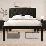 Einhomn Twin Metal Platform Bed Frame with Faux Leather Upholstered Headboard, Steel Slats Support