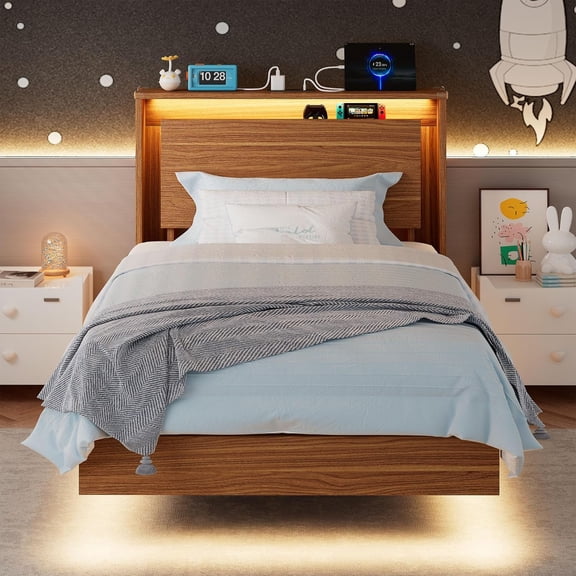 Einhomn Twin Size Floating Bed Frame with Wood Storage Headboard, LED Light & Charging Station, Walnut