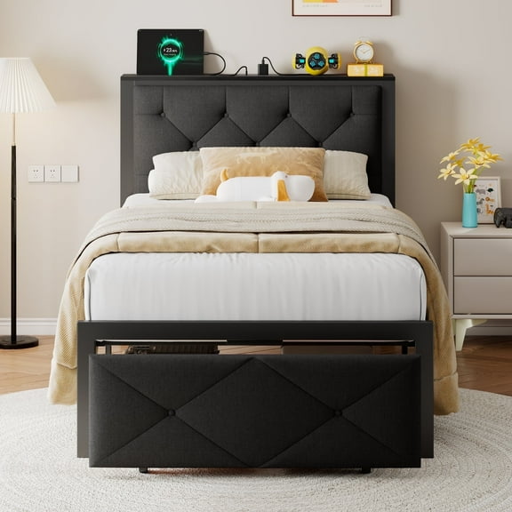 Virans Twin Size Bed Frame with Storage Drawers, Linen Upholstered Platform Bed with Charging & Storage Headboard, Metal Slat Support, No Box Spring Required, Noise Free, Easy Assembly,Black