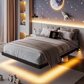 Einhomn Twin Size Metal Floating Bed Frame with Charging Station & LED Lights, Heavy Duty Steel Slats Supports, No Box Spring Needed