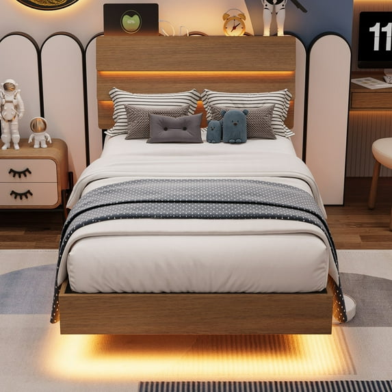 Einhomn Twin Size Floating Bed Frame with LED and Charging Station,Metal Platform Bed Frame with Storage Headboard,No Box Spring Needed,Noise-Free,Easy to Assemble,Walnut