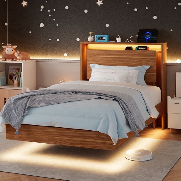 Virans Twin Size Floating Bed Frame with LED Lights & Charging Station, Platform Bed with Storage Headboard, No Box Spring Needed, Walnut