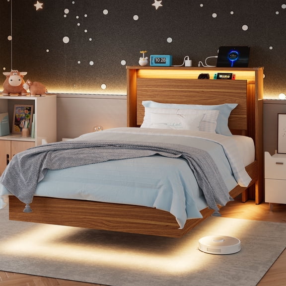 Einhomn Twin Size Floating Bed Frame with LED Lights & Charging Station,Wood Platform Bed Frame with Storage Headboard,Noise Free,No Box Spring Needed,Easy to Assemble-Walnut