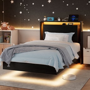 Virans Twin Size Floating Bed Frame with LED Lights & Charging Station, Platform Bed with Storage Headboard, No Box Spring Needed, Black