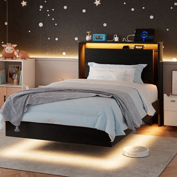 Virans Twin Size Floating Bed Frame with LED Lights & Charging Station, Platform Bed with Storage Headboard, No Box Spring Needed, Black