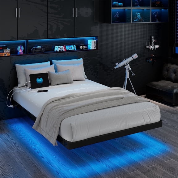 Virans Twin Size Floating Bed Frame with RGB LED Lights and Charging Station, Heavy Duty Metal Platform Beds, No Box Spring Needed, Black