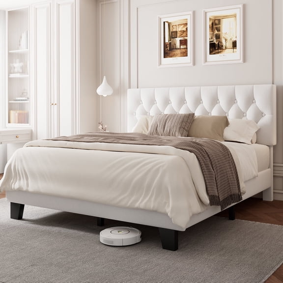 Virans Full Size Bed Frame with Tufted Button Velvet Headboard, Upholstered Platform Bed Frame, No Box Spring Needed, White