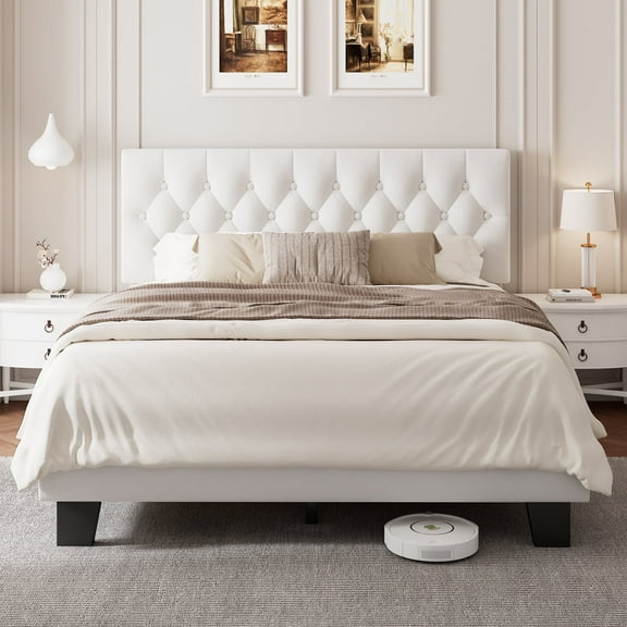 Virans Velvet Full Size Platform Bed Frame with Tufted Button Headboard,Upholstered Bed with Wood Slat Support,No Box Spring,Noise Free,Easy Assembly, White